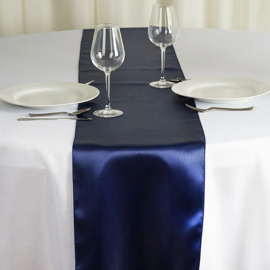 Navy blue satin table runners